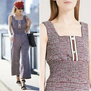 Maje Patelle Maroon Tweed Jacquard Jumpsuit, Red/Blue/Purple, Size Large/ Sz 3